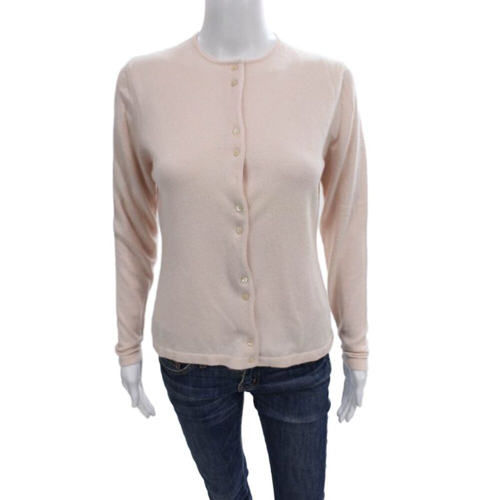 Autumn Cashmere Women Cardigan Pink 100% Cashmere Round Neck Long Sleeve Size L